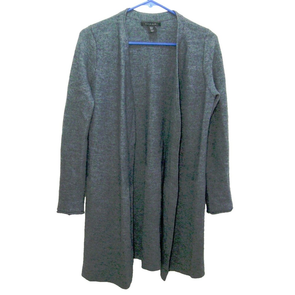 TAHARI Women's (Size Medium) Gray Long Sleeve WOOL Open Shrug Sweater Top